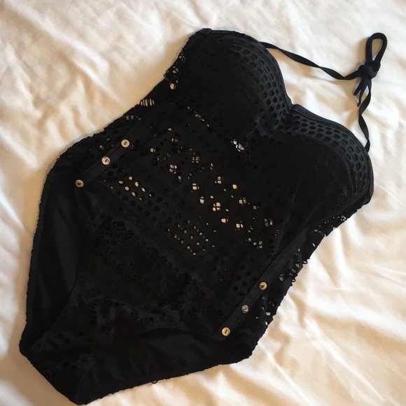 1 LEFT 2x HP Black Lace Crochet 1 Piece Swim Suit - Picture 4 of 6